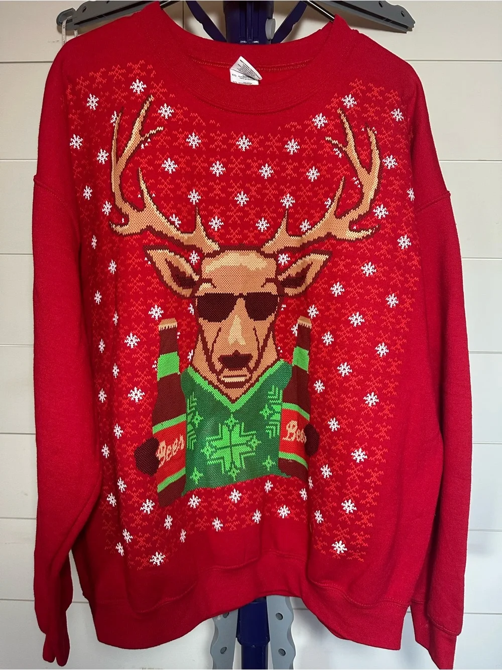 #98 Red Crewneck Reindeer Graphic Sweater with Green & Brown Accents